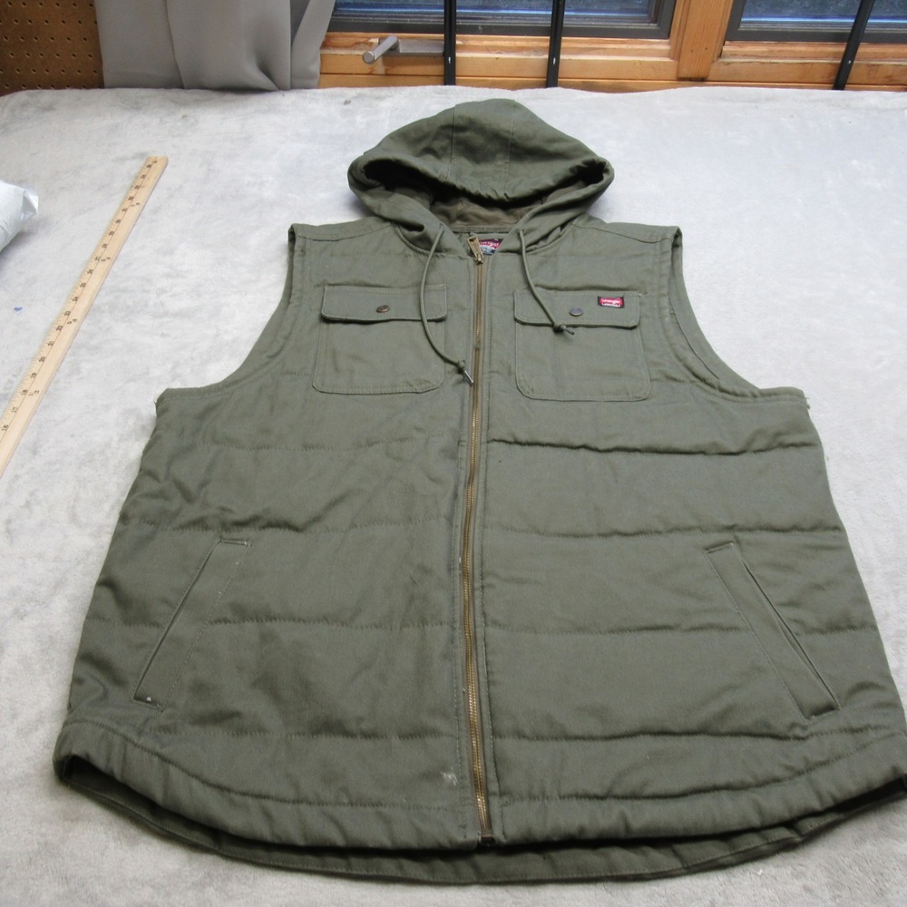 Wrangler Workwear Vest Mens 2XL Green Canvas Insulated Hooded Pockets Full Zip